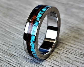 Handmade, Unique Titanium Wedding Band, with Crushed Turquoise & Indian Rosewood Inlay 7mm