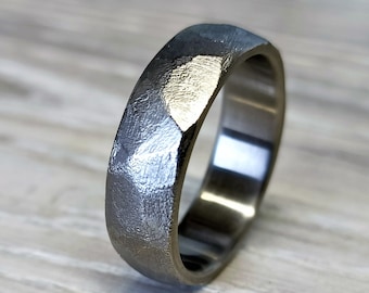 Hand faceted, pure Titanium, rustic, weathered wedding band