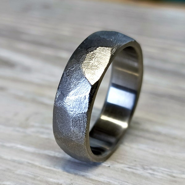 Hand faceted, pure Titanium, rustic, weathered wedding band