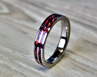 Handmade wedding ring, Unique ring, Purple Opal Double Inlay polished Titanium Ring 4mm