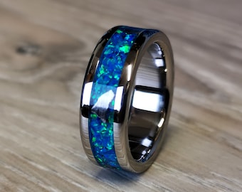 Handmade wedding ring, Unique gift, Meteorite ring, Ocean Blue opal, Polished Titanium Ring