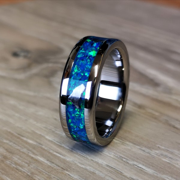 Handmade wedding ring, Unique gift, Meteorite ring, Ocean Blue opal, Polished Titanium Ring