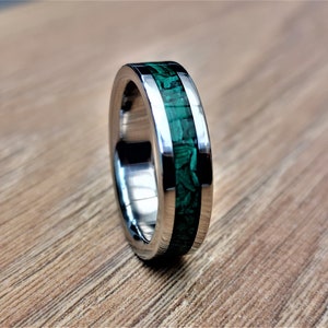 Handmade, Unique Malachite mineral stone Inlay & polished Titanium wedding Ring. image 3