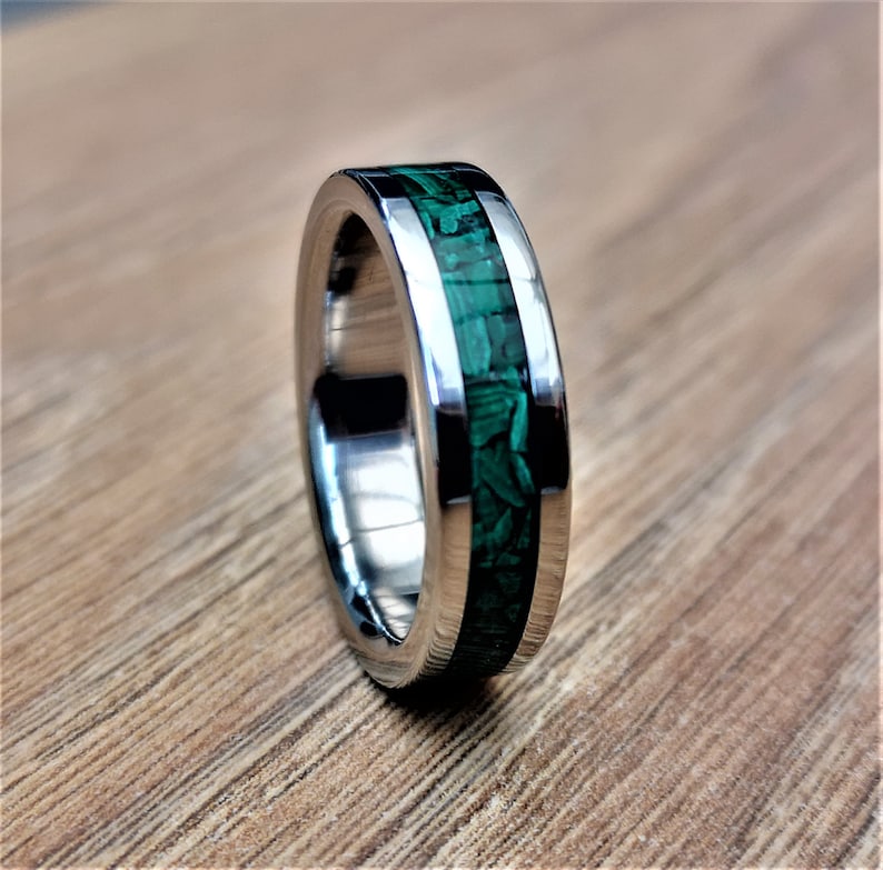 Handmade, Unique Malachite mineral stone Inlay & polished Titanium wedding Ring. image 3