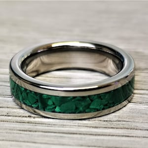 Handmade, Unique Malachite mineral stone Inlay & polished Titanium wedding Ring. image 6