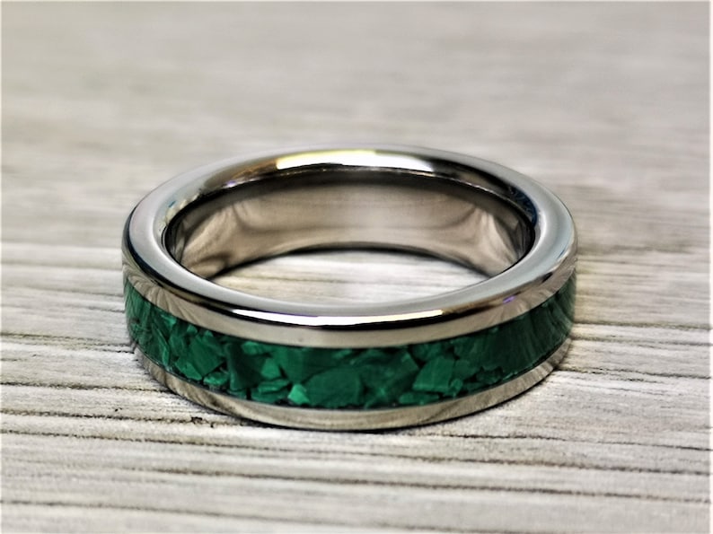 Handmade, Unique Malachite mineral stone Inlay & polished Titanium wedding Ring. image 6