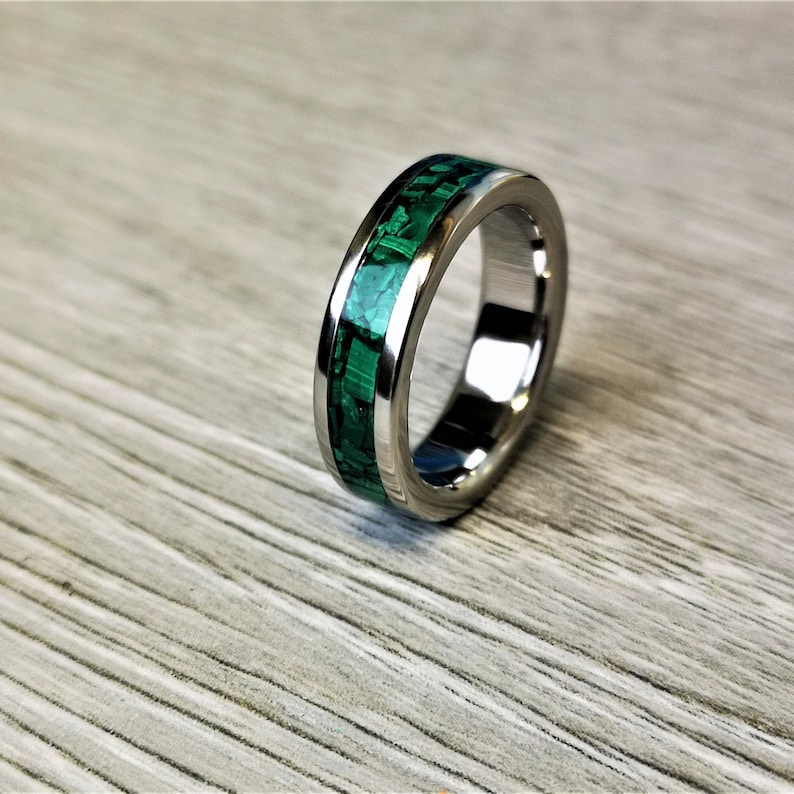 Handmade, Unique Malachite mineral stone Inlay & polished Titanium wedding Ring. image 4