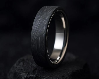 Handmade Carbon Fibre & Titanium Band | Unique Modern Black Wedding Ring- forged Noir