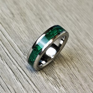 Handmade, Unique Malachite mineral stone Inlay & polished Titanium wedding Ring. image 5
