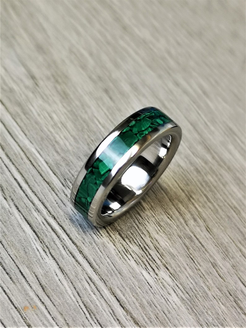 Handmade, Unique Malachite mineral stone Inlay & polished Titanium wedding Ring. image 5