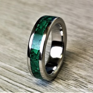 Handmade, Unique Malachite mineral stone Inlay & polished Titanium wedding Ring. image 2