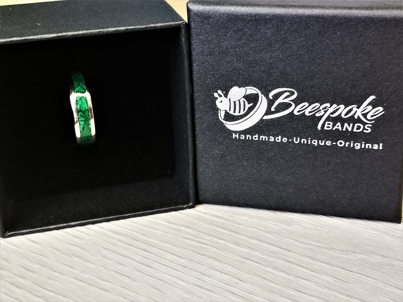 Handmade, Unique Malachite mineral stone Inlay & polished Titanium wedding Ring. image 8