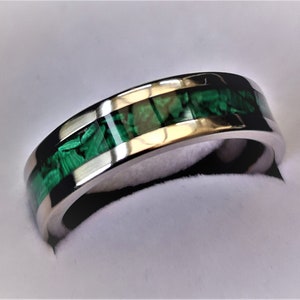 Handmade, Unique Malachite mineral stone Inlay & polished Titanium wedding Ring. image 7