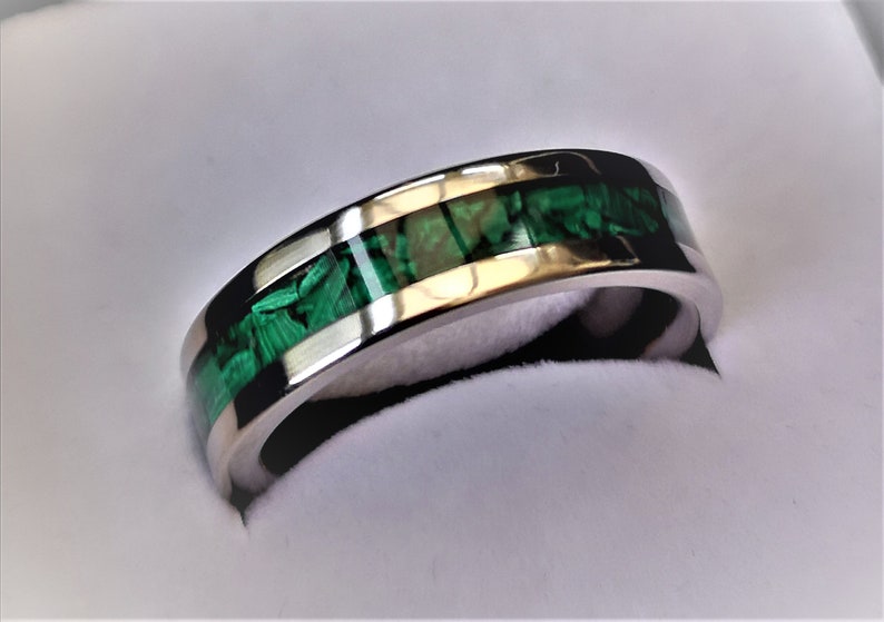 Handmade, Unique Malachite mineral stone Inlay & polished Titanium wedding Ring. image 7