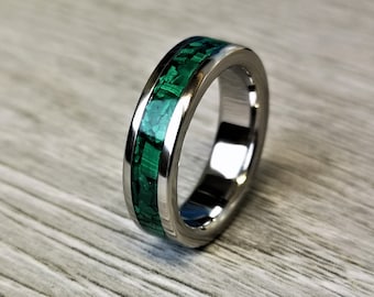 Handmade, Unique Malachite mineral stone Inlay & polished Titanium wedding Ring.