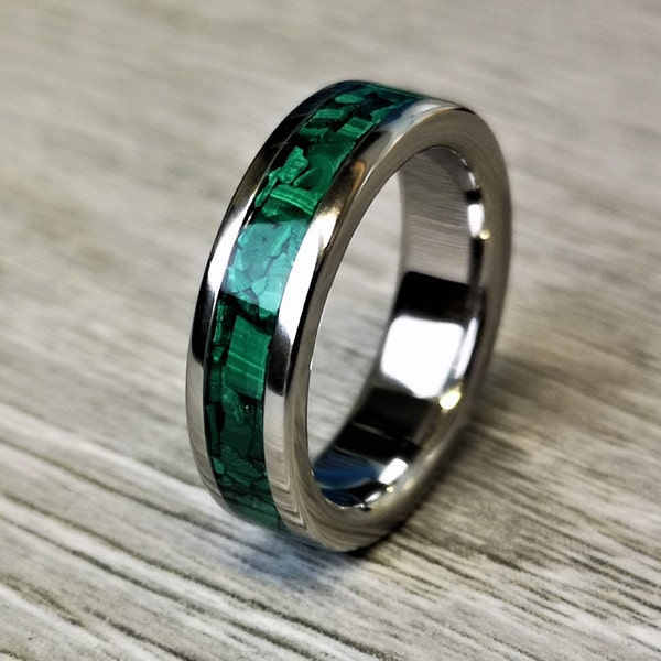 Handmade, Unique Malachite mineral stone Inlay & polished Titanium wedding Ring.