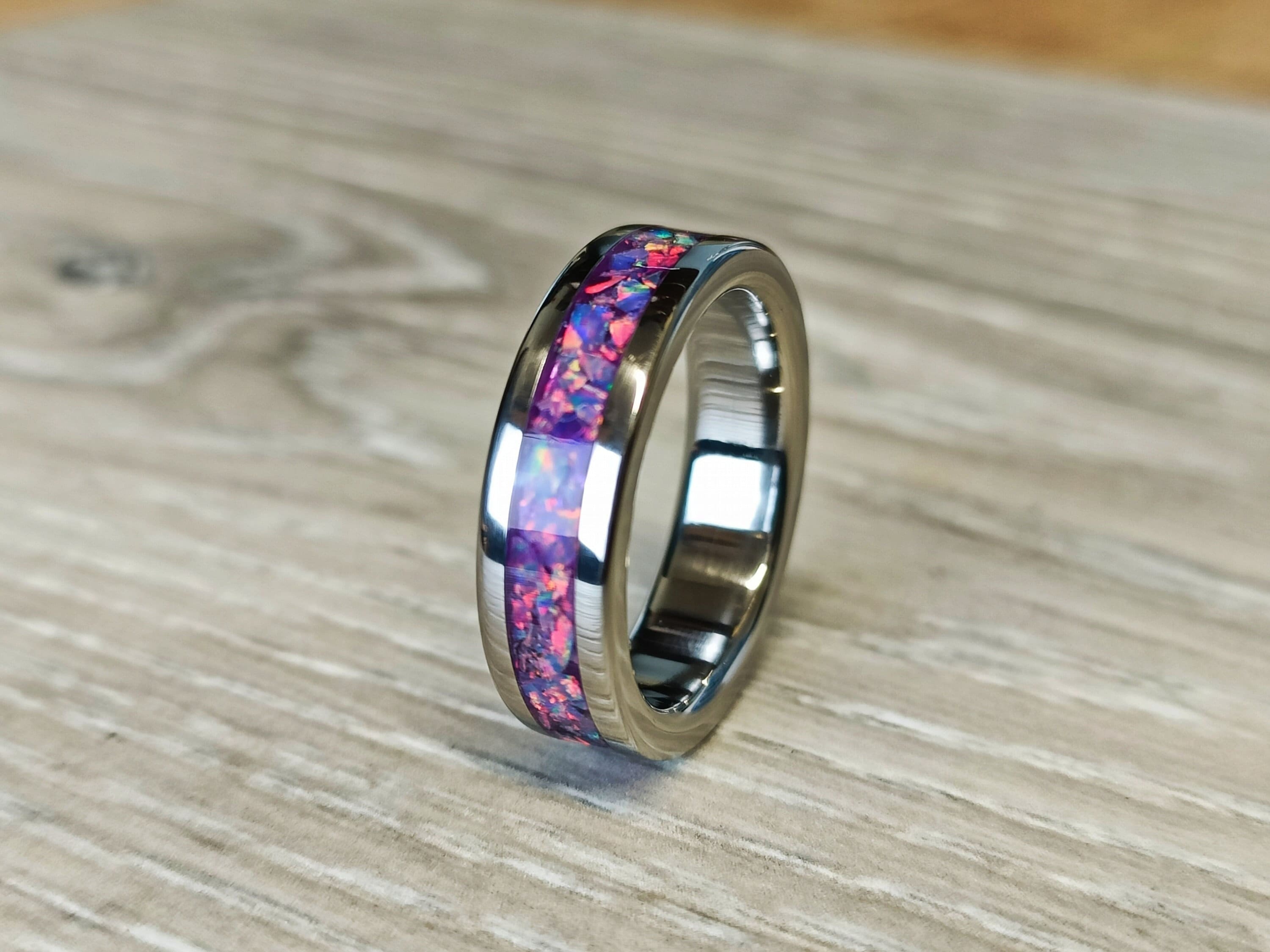Pure  Titanium Wedding ring,  Premium crushed Purple Opal, Lavendar inlay 6mm