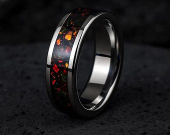 Handmade Fire Opal Titanium Ring: Unique Wedding Band