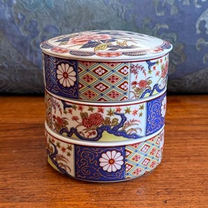 Vintage japansk porslin med lock i tre nivåer Jubako Bento Box / Syask / Smycken