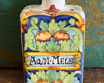 Vintage Hand Painted Renaissance Style Ceramic Bottle or Vase, Made in Italy, with Mele Apples