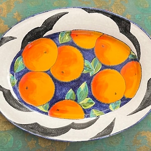 Zeitgenössische Keramik in Kalifornien: 1980er Keramik Arts and Crafts ovale Servierplatte mit Orangen