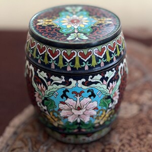 Vintage Chinese Cloisonné:  Rare Barrel Shaped Jar with Lid