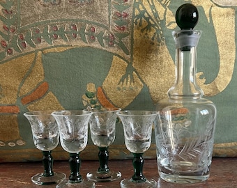 Italian Style Home:  Vintage Set of Four Murano Green Stem Liqueur Glasses and Decanter with Green Stopper