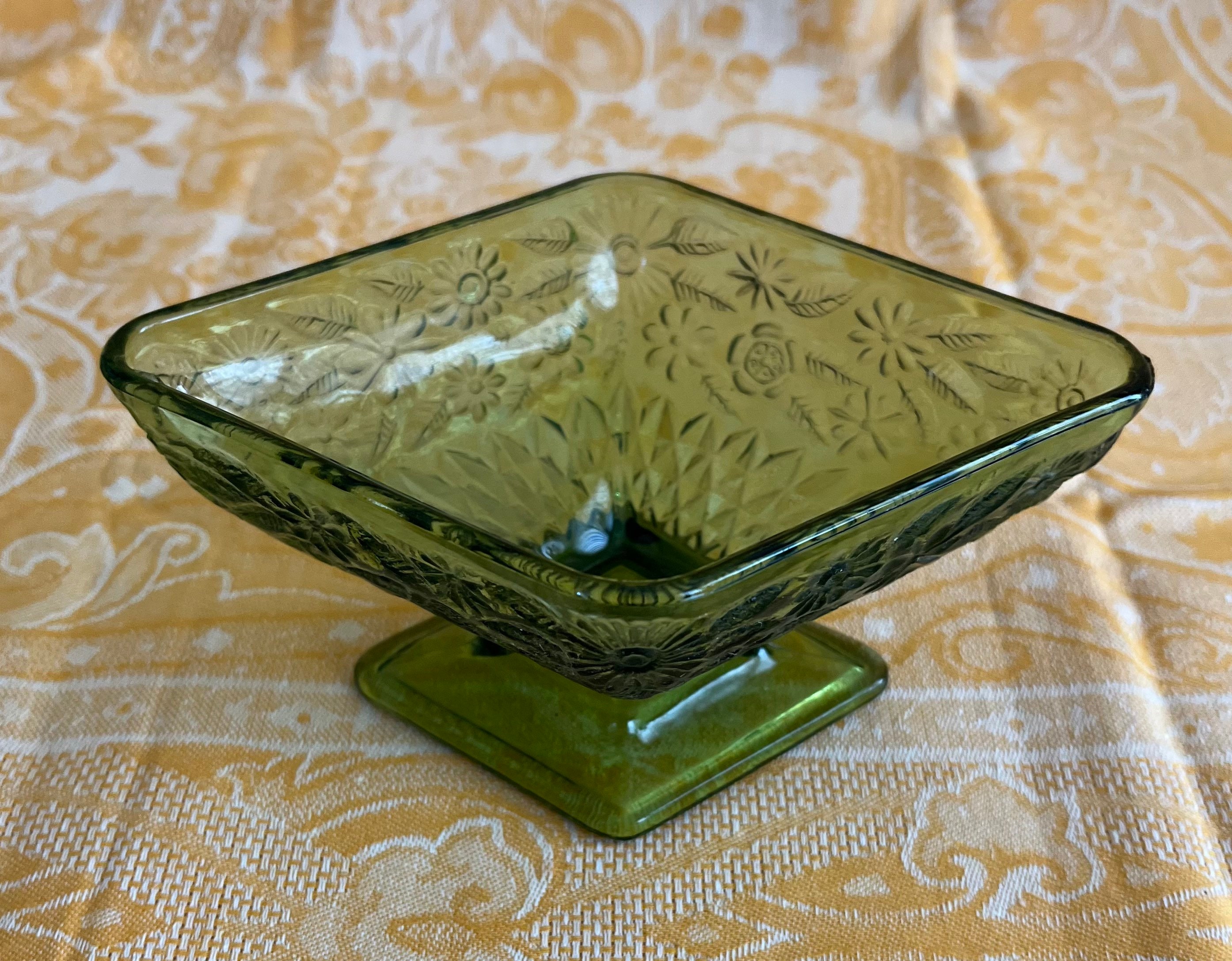Green Glass Diamond Shape Pedestal Candy Dish Indiana Glass Etsy