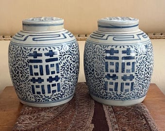 Kinesiska Double Happiness ingefära Chinoiserie-burkar med lock, matchande par