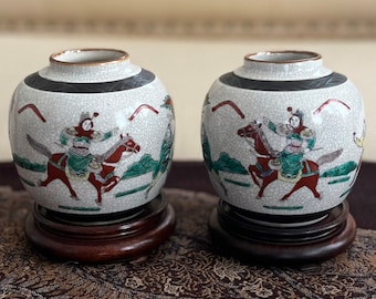Chinese Home Decor:  Matching Pair, Left and Right Chinese Crackleware Jars with Warrior Figures on Horses (Cartouche Chenghua Signature)
