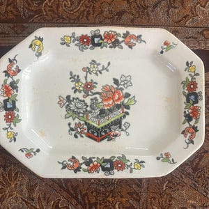 Antique English Transferware:  Small, 7-3/4” x 5-3/4” 19th Century Mason’s England Ironstone Octagonal Platter, Chinoiserie Pattern