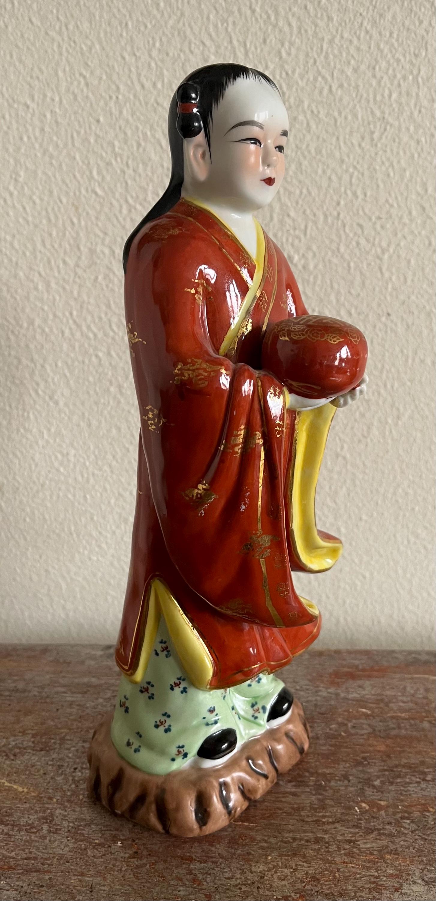 Chinese Style Home Decor:  Chinese Girl Figurine with Gift, Hand Painted Porcelain