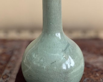 Korean Ceramics:  Crackleware Celadon Goryeo Ware Bottle Vase with Cranes and Clouds