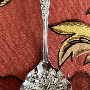 May include: A silver serving spoon with a decorative floral design on the bowl and handle. The spoon has a scalloped edge and is set against a patterned background. The handle has an ornate design.