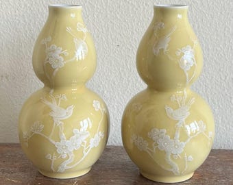 Chinese Home Decor:  Pair, Chinese Imperial Yellow Double Gourd, Birds and Prunus Vases, 6.75”, Slip Decor