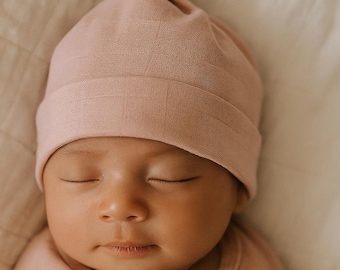 Soft Pink Newborn Baby Hat – Adjustable Top Knot Hat Muslin Cotton