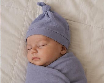 Lavender Top Knot Baby Hat 100% Muslin Organic Cotton