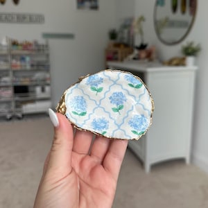Hydrangea Oyster Shell Ring Dish: Gold Trim Coastal Decor