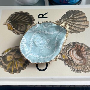 Seashell Print Oyster Shell Ring Dish: Gold Trim Coastal Decor