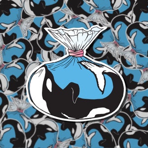 orca / killer whale in goldfish bag sticker for laptop, phone case, mirror, stationary, etc.eco friendly + donation