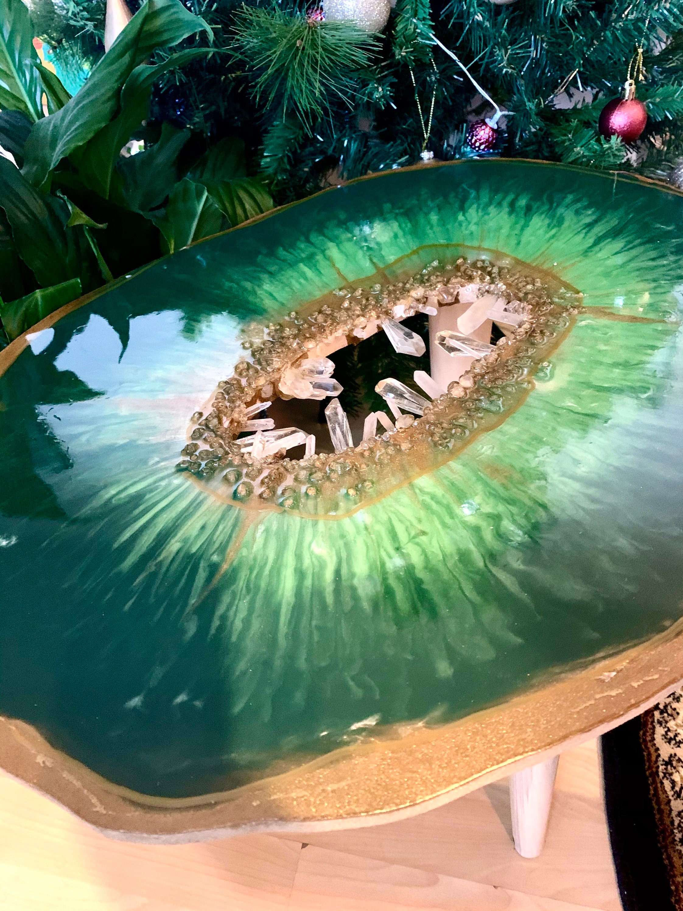 Set of Green Gold Geode Resin Natiral Quartz Stones Wall Artwork