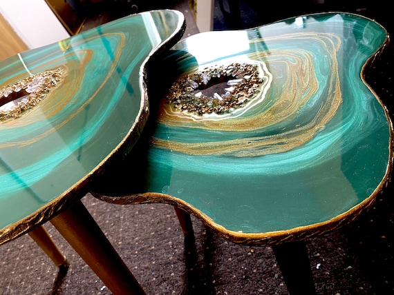 2x Nested Geode Tables Large Handmade Teal Gold Natural Quartz 2x Nested Geode Tables Large Handmade, Emerald Green And Gold Side Table