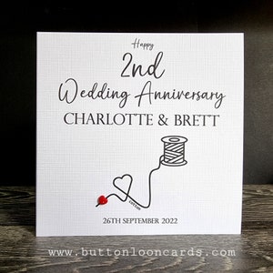 Handmade & Personalised Button Card - 2nd Second Wedding Anniversary Cotton ANY TEXT