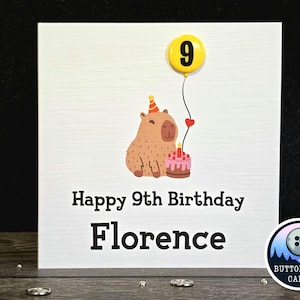 Handmade & Personalised Button Happy Birthday Card Capybara Age Balloon ANY TEXT
