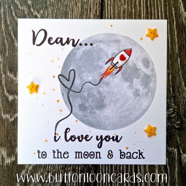 Handmade & Personalised Button Card - Valentine's Love Moon Stars Boyfriend Girlfriend Wife Husband