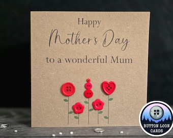 Handmade & Personalised Button Happy Mother's Day / Birthday Flower Card Mum, Mom, Mam, Grandma etc Mothers Day ANY NAME / TEXT