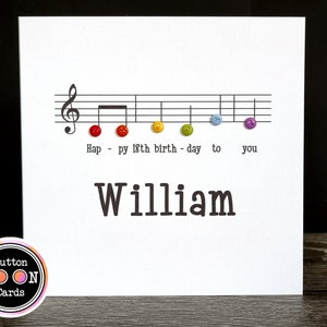 Handmade & Personalised Button Happy Birthday Card Music Notes ANY TEXT