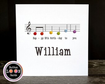 Handmade & Personalised Button Happy Birthday Card Music Notes ANY TEXT