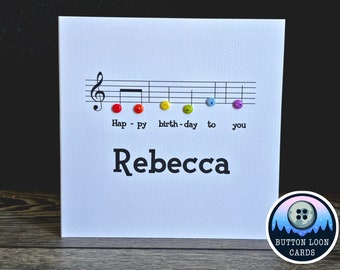 Handmade & Personalised Button Happy Birthday Card Music Notes ANY TEXT