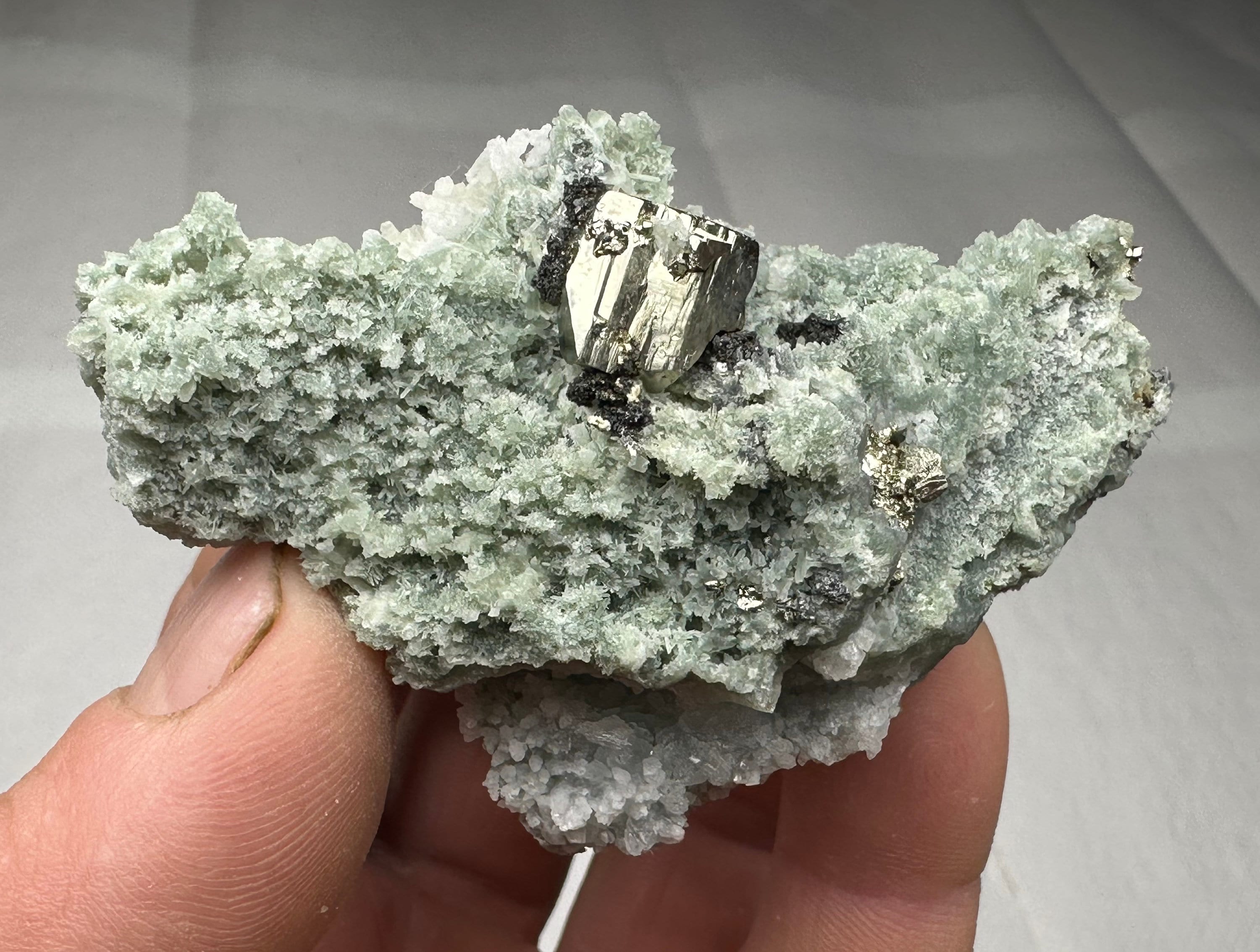 Very Aesthetic Shiny Pyrite on Green Quartz With Chloride